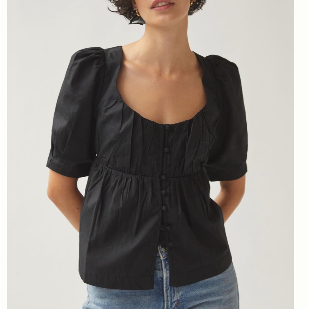 Anthropologie Black Button-Front Puff Sleeve Top